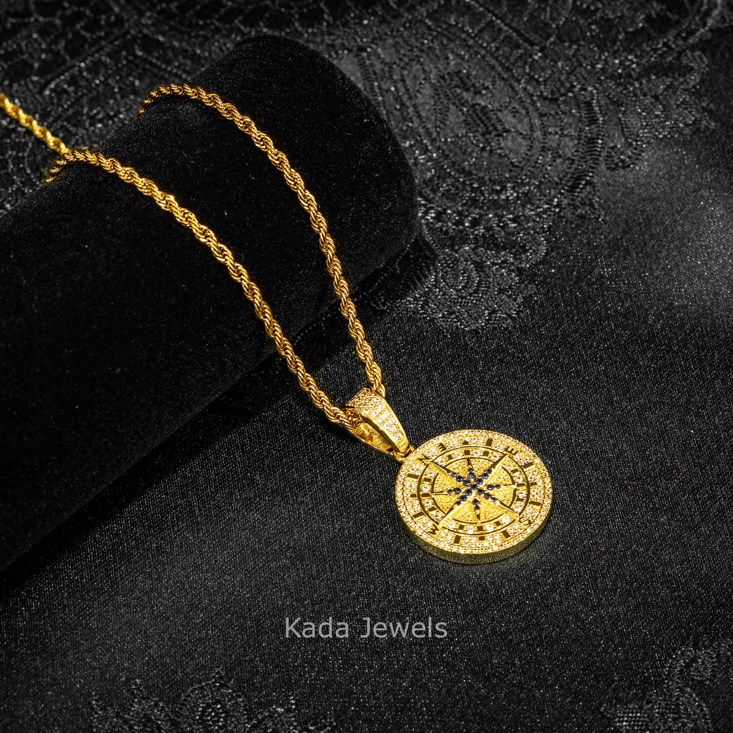 Iced Compass Pendant with Rope Chain – Gold or Silver Finish